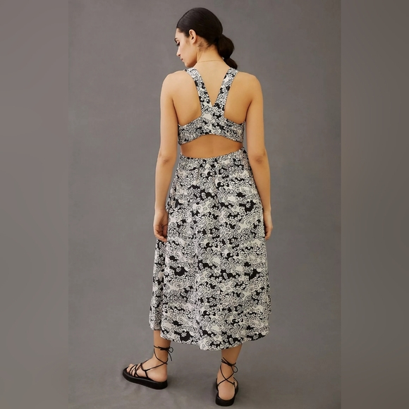 Anthropologie Black Printed Floral Linen Blend Midi Dress Size MP - Picture 4 of 12